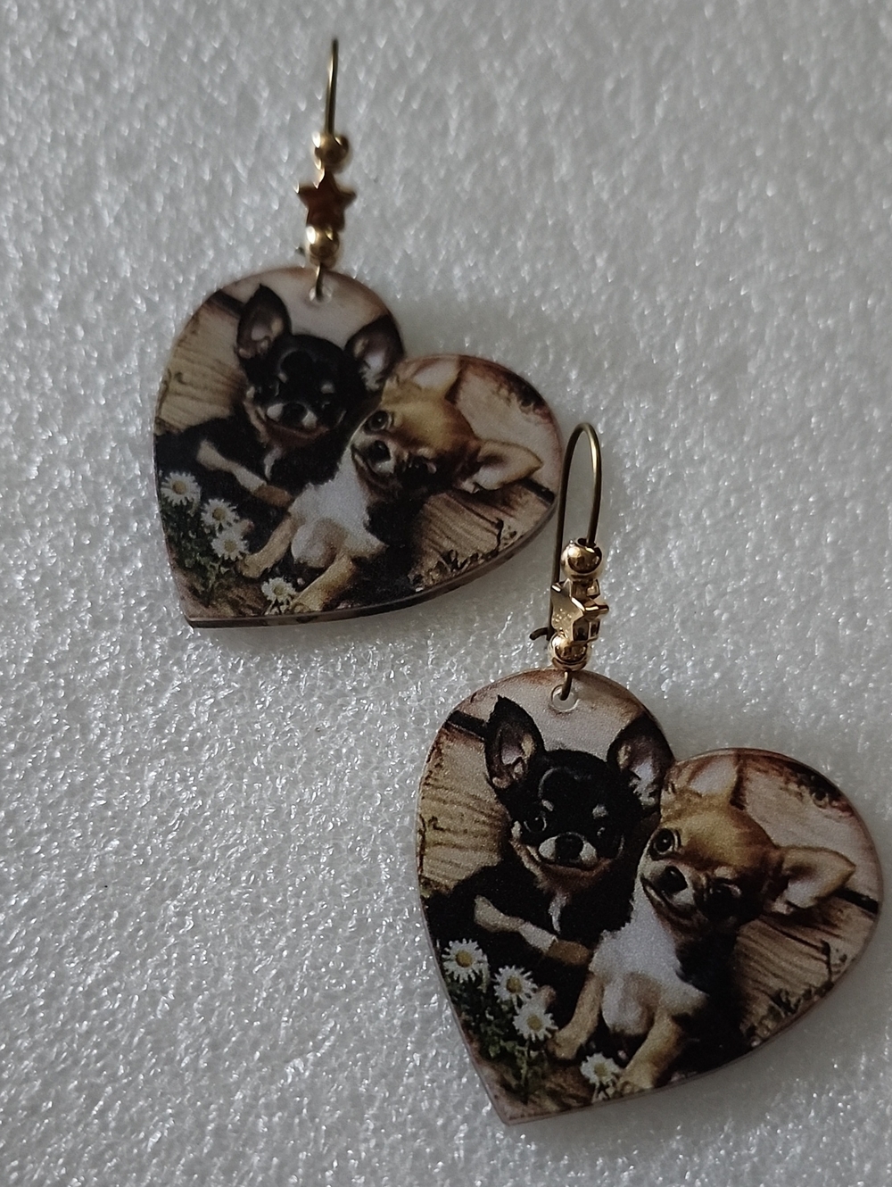 Hand Crafted Chihuahua Heart Earrings in Brown, Black, Cream
